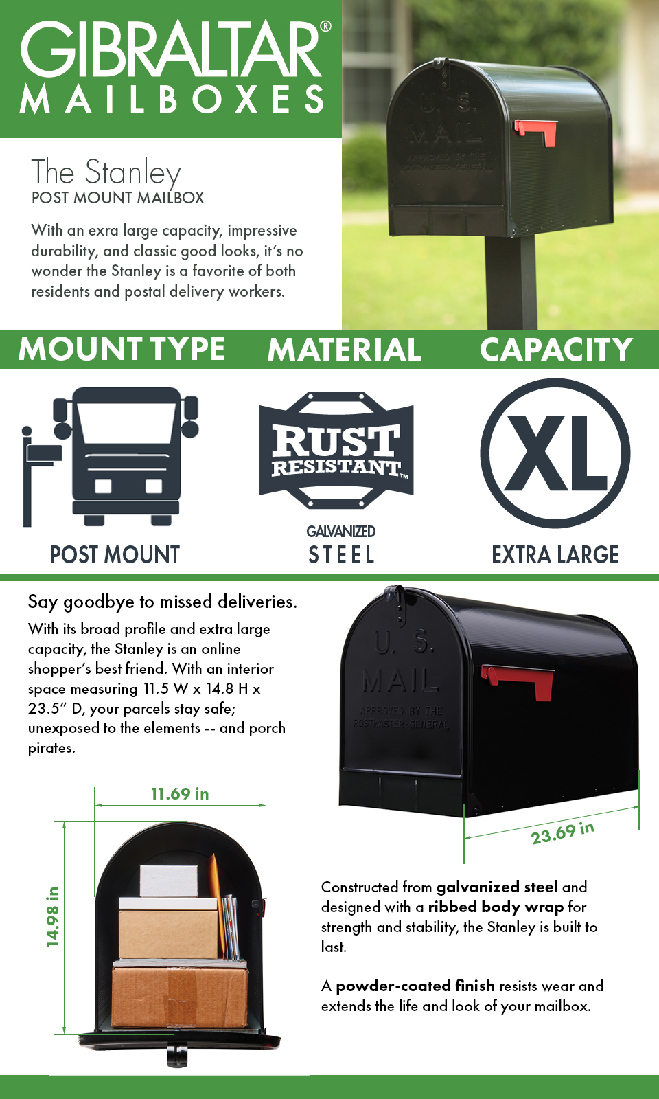 Stanley Extra Large, Steel, Post Mount Mailbox, Black PROARB